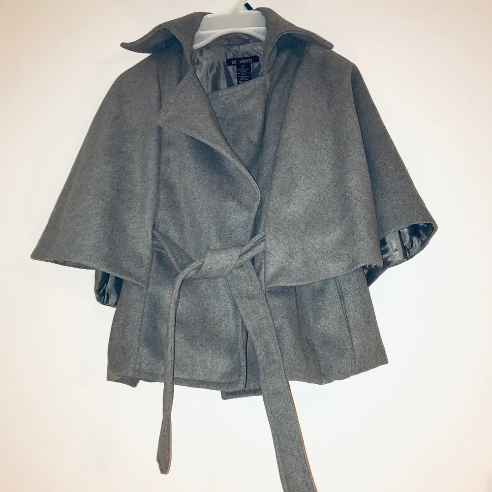 Strawberry Brand Wool Blend Gray Cape Coat Jacket w/Cinch Tie Belt Size Medium